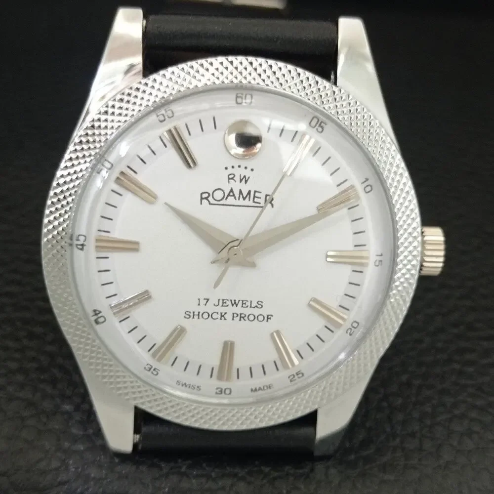 Vintage 1983 Roamer Manual Mens Silver Watch W/Leather Strap & White accents